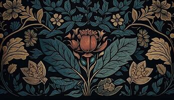 . . Floral pattern wallpapper. Flowers and leafes. Can be used fore decoration. Inpired by the style of William Morris. Color Illustration. photo