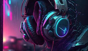 . . Cyberpunk Sunthwave Headphones. Future inspirational. Graphic Art photo