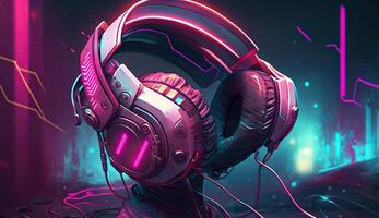 . . Cyberpunk Sunthwave Headphones. Future inspirational. Graphic Art photo