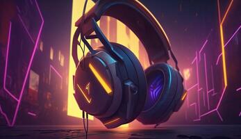 . . Cyberpunk Sunthwave Headphones. Future inspirational. Graphic Art photo