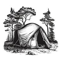 . . Vintage Retro camping tent in engraving style. Adventure trip journy motivational poster. Can be used for decoration and inspiration. Graphic Art Illustration. photo
