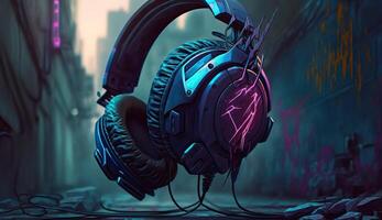 . . Cyberpunk Sunthwave Headphones. Future inspirational. Graphic Art photo