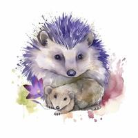 free wolf hedgehog with hedgehog child water color, pastel ,white background , generat ai photo