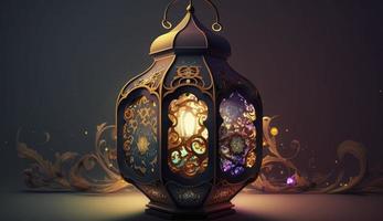 Ornamental Arabic lantern with burning candle glowing . Festive greeting card, invitation for Muslim holy month Ramadan Kareem. Ramadan Kareem greeting photo with serene , Generate Ai