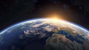 Photo 3d render sunrise view from space on planet earth, generat ai