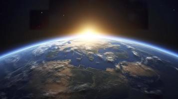 Photo 3d render sunrise view from space on planet earth, generat ai