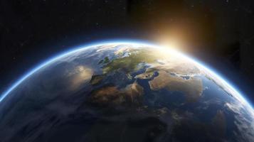 Photo 3d render sunrise view from space on planet earth, generat ai