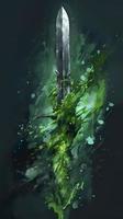 un grande imagen de un verde espada, en el estilo de derritiendo, oscuro temas, michal lisowski, uhd imagen, acuarelista, hierba recortar, generar ai foto