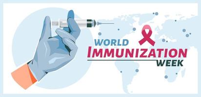 World Immunization Week web banner. Hand with syringe. Syringe with vaccine. Cartoon vector flat illustration.