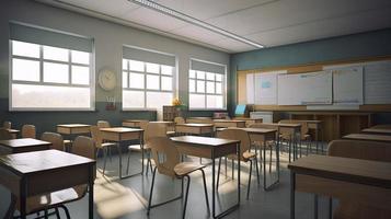 Photo school classroom with chairsdesks and chalkboard, generat ai