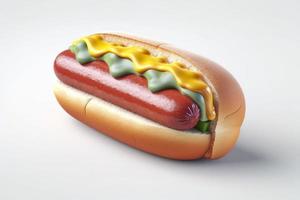 vistoso 3d icono de Hot dog, 3d representación, blanco fondo, isométrica, translúcido, c4d, licuadora, limpio, generar ai foto