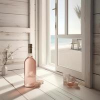 A bottle of unlabeled rose takes center stage in this beautiful and natural scene. Placed on a white wooden floor in front of an open door that leads out to the beach, generat ai photo