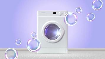 Interior with washing machine and soap bubbles. Realistic vector illustration