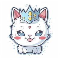 pegatina, contento azul ojos vistoso gatito vistiendo corona, kawaii, contorno, blanco fondo, generar ai foto