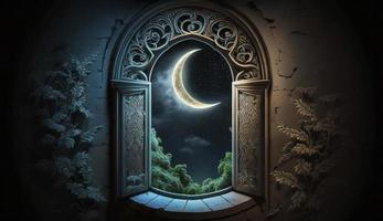 místico ventana con creciente Luna en noche cielo, islámico saludo eid Mubarak para musulmán vacaciones. eid-ul-adha festival celebracion. Arábica Ramadán Kareem, generar ai foto