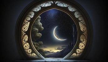 Mystical window with crescent moon in night sky, Islamic greeting Eid Mubarak for Muslim Holidays. Eid-Ul-Adha festival celebration. Arabic Ramadan Kareem, Generate Ai photo