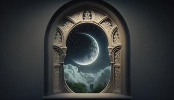 Mystical window with crescent moon in night sky, Islamic greeting Eid Mubarak for Muslim Holidays. Eid-Ul-Adha festival celebration. Arabic Ramadan Kareem, Generate Ai photo