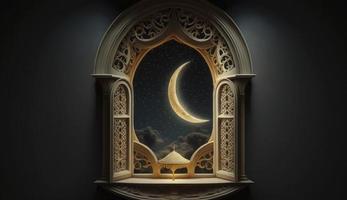 místico ventana con creciente Luna en noche cielo, islámico saludo eid Mubarak para musulmán vacaciones. eid-ul-adha festival celebracion. Arábica Ramadán Kareem, generar ai foto