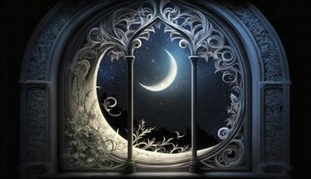 Mystical window with crescent moon in night sky, Islamic greeting Eid Mubarak for Muslim Holidays. Eid-Ul-Adha festival celebration. Arabic Ramadan Kareem, Generate Ai photo