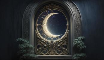 Mystical window with crescent moon in night sky, Islamic greeting Eid Mubarak for Muslim Holidays. Eid-Ul-Adha festival celebration. Arabic Ramadan Kareem, Generate Ai photo