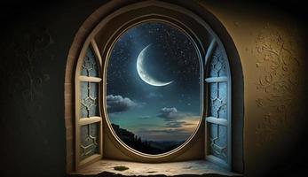 Mystical window with crescent moon in night sky, Islamic greeting Eid Mubarak for Muslim Holidays. Eid-Ul-Adha festival celebration. Arabic Ramadan Kareem, Generate Ai photo