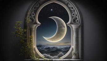 místico ventana con creciente Luna en noche cielo, islámico saludo eid Mubarak para musulmán vacaciones. eid-ul-adha festival celebracion. Arábica Ramadán Kareem, generar ai foto