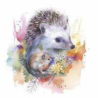 free wolf hedgehog with hedgehog child water color, pastel ,white background , generat ai photo