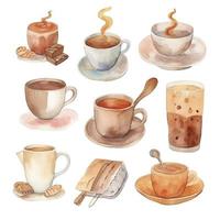 acuarela bosquejo de linda café bebida objetos en blanco fondo, generar ai foto