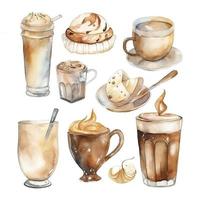 watercolor sketch of cute coffee drink objects on white background, Generate Ai photo