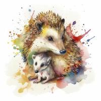 free wolf hedgehog with hedgehog child water color, pastel ,white background , generat ai photo