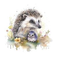 free wolf hedgehog with hedgehog child water color, pastel ,white background , generat ai photo