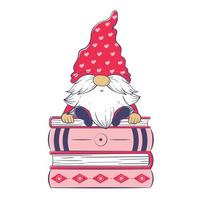 Cute cartoon gnome on a stack of huge books. vector