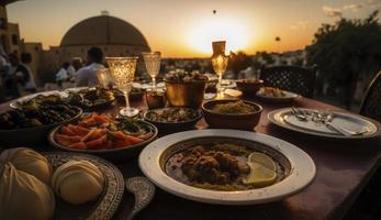 Ramadán iftar alimento, iftar comidas y reuniones, Ramadán iftar Eid. musulmán familia tiene cena a hogar. mesa con tradicional alimento. eid al-fitr celebraciones, generar ai foto