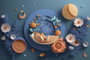 Iftar meals and gatherings with flower on blue background. Paper art , 3d render and illustration, Generate Ai photo