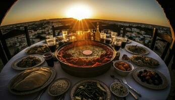 Ramadán iftar alimento, iftar comidas y reuniones, Ramadán iftar Eid. musulmán familia tiene cena a hogar. mesa con tradicional alimento. eid al-fitr celebraciones, generar ai foto