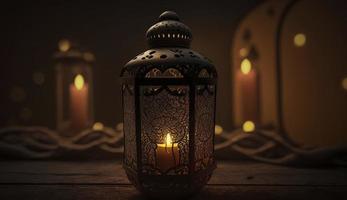 Ornamental Arabic lantern with burning candle glowing . Festive greeting card, invitation for Muslim holy month Ramadan Kareem. Ramadan Kareem greeting photo with serene mosque background, Generate Ai