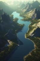 top view of fantasy lake mountains in the background, fantasy environment, octane render, Generate Ai photo