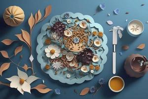 iftar comidas y reuniones con flor en azul antecedentes. papel Arte , 3d hacer y ilustración, generar ai foto