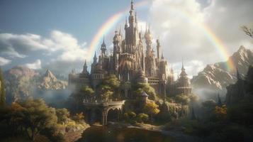 Unleashing the Mystical Realm,  A Fantasy Castle in The Clouds with Rainbow Bridge, Generate Ai photo