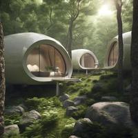 futuristic smart small homes inside the forest, Generate Ai photo