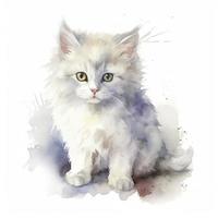 cute fluffy watercolour of a white kat kitty with lot of space arround , Generate Ai photo