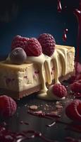 White Chocolate Raspberry Cheesecake piece, Generate Ai photo