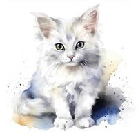 cute fluffy watercolour of a white kat kitty with lot of space arround , Generate Ai photo