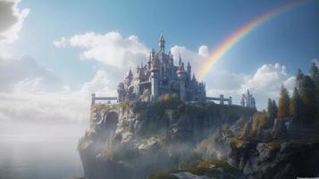 Unleashing the Mystical Realm,  A Fantasy Castle in The Clouds with Rainbow Bridge, Generate Ai photo