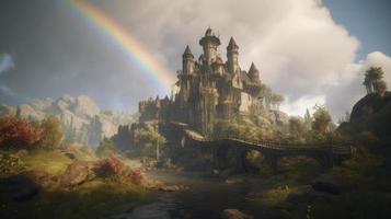 Unleashing the Mystical Realm,  A Fantasy Castle in The Clouds with Rainbow Bridge, Generate Ai photo