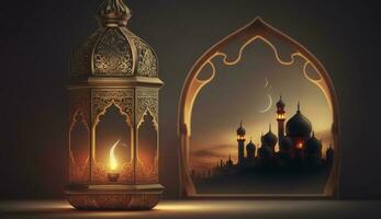 Ramadan Kareem moon in mosque with lantern, Ramadan Lantern Crescent Moon Images, Generate Ai photo