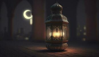 Ramadan Kareem moon in mosque with lantern, Ramadan Lantern Crescent Moon Images, Generate Ai photo