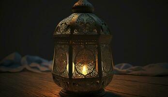 Ornamental Arabic lantern with burning candle glowing . Festive greeting card, invitation for Muslim holy month Ramadan Kareem. Ramadan Kareem greeting photo with serene mosque background, Generate Ai