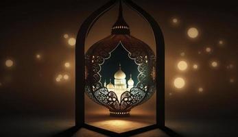 Ramadan Kareem moon in mosque with lantern, Ramadan Lantern Crescent Moon Images, Generate Ai photo