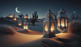 Glowing Muslim Lanterns stands in the desert at night sky on full moon. Ramadan celebration, Generate Ai photo